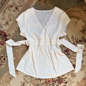 Cream Wrap Blouse with Cap Sleeves and Tie Front